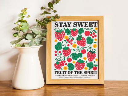 Stay Sweet Fruit of the Spirit Art - Christian Art with Strawberry and Floral Design, Kindness-Themed Faith Wall art for Women and Wall art