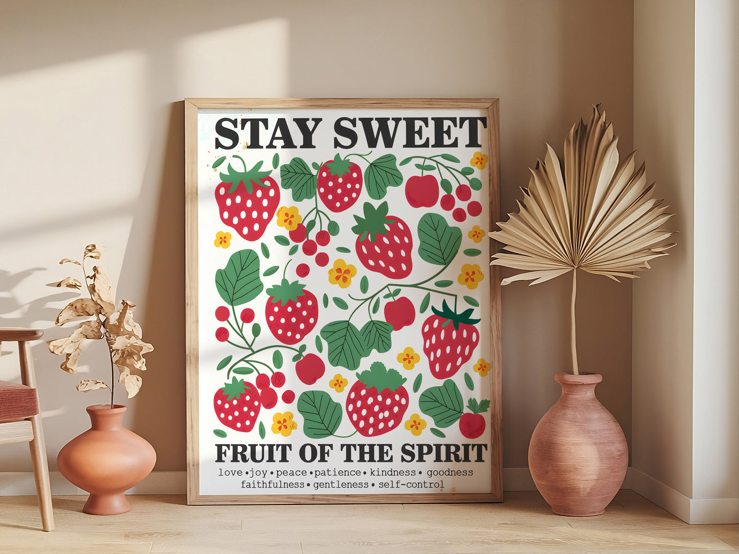 Stay Sweet Fruit of the Spirit Art - Christian Art with Strawberry and Floral Design, Kindness-Themed Faith Wall art for Women and Wall art
