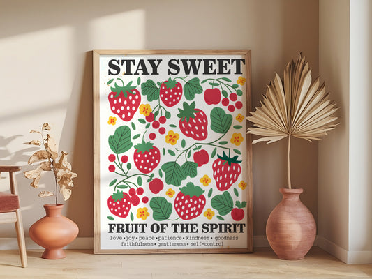 Stay Sweet Fruit of the Spirit Art - Christian Art with Strawberry and Floral Design, Kindness-Themed Faith Wall art for Women and Wall art