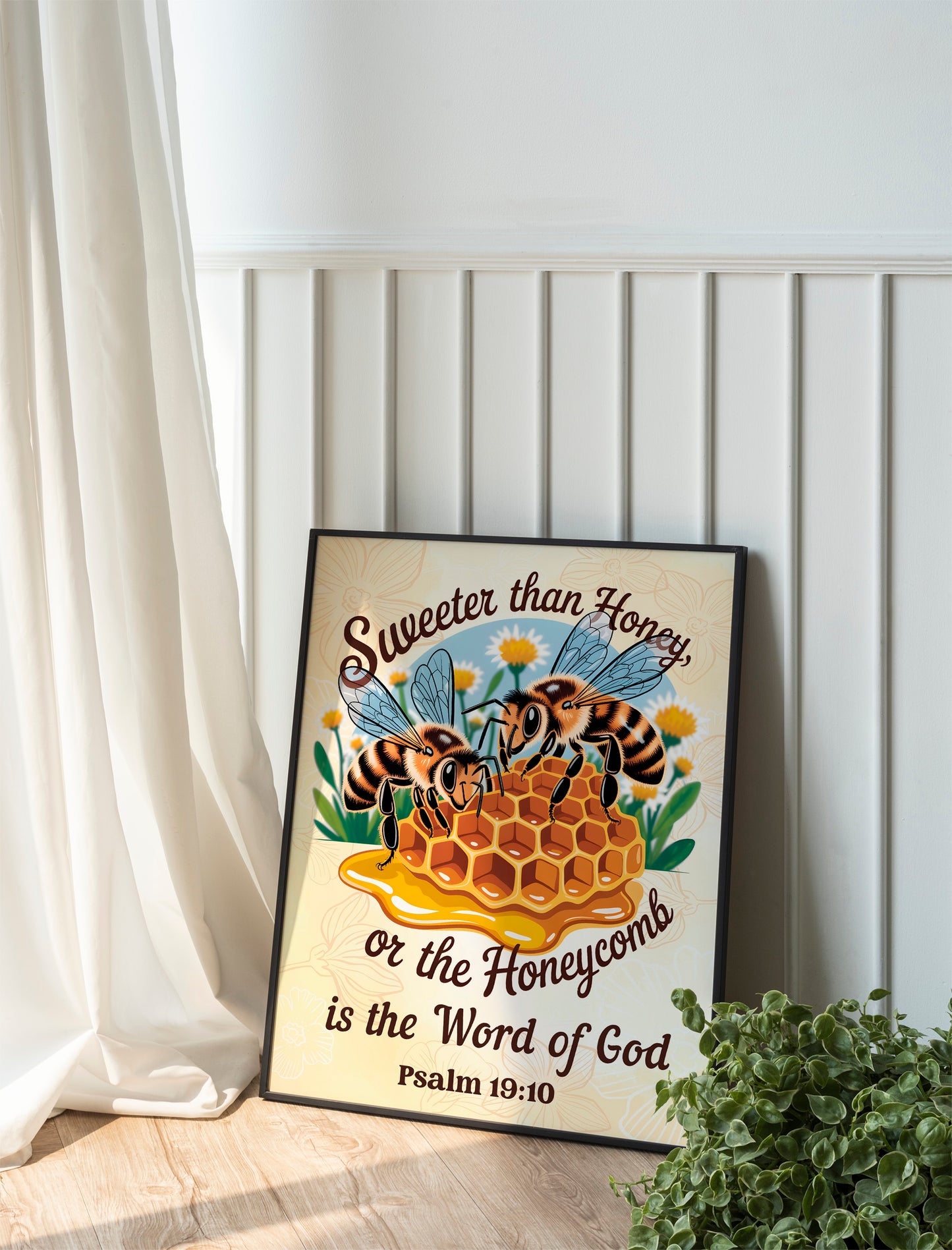 Sweeter Than Honey Christian Art - ProverbsInspired Bee and Honeycomb Faith Wall art, Scripture Art for Women and Nature Lovers