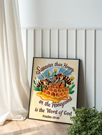 Sweeter Than Honey Christian Art - ProverbsInspired Bee and Honeycomb Faith Wall art, Scripture Art for Women and Nature Lovers