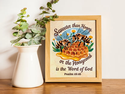 Sweeter Than Honey Christian Art - ProverbsInspired Bee and Honeycomb Faith Wall art, Scripture Art for Women and Nature Lovers