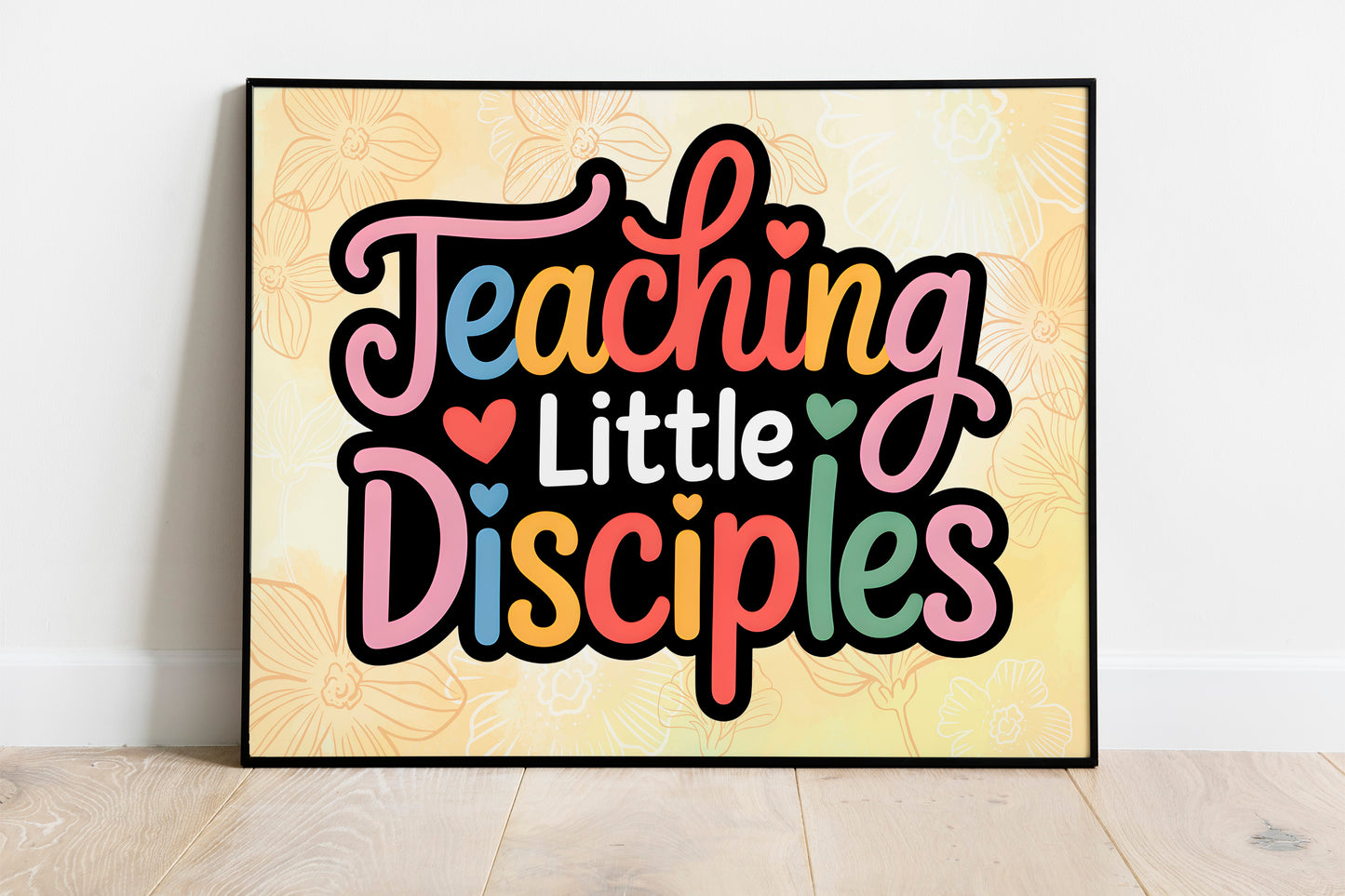 Teaching Little Disciples Christian Art - Faith-Based Teacher Wall art for Sunday School or Christian Educators, Rainbow Heart Design