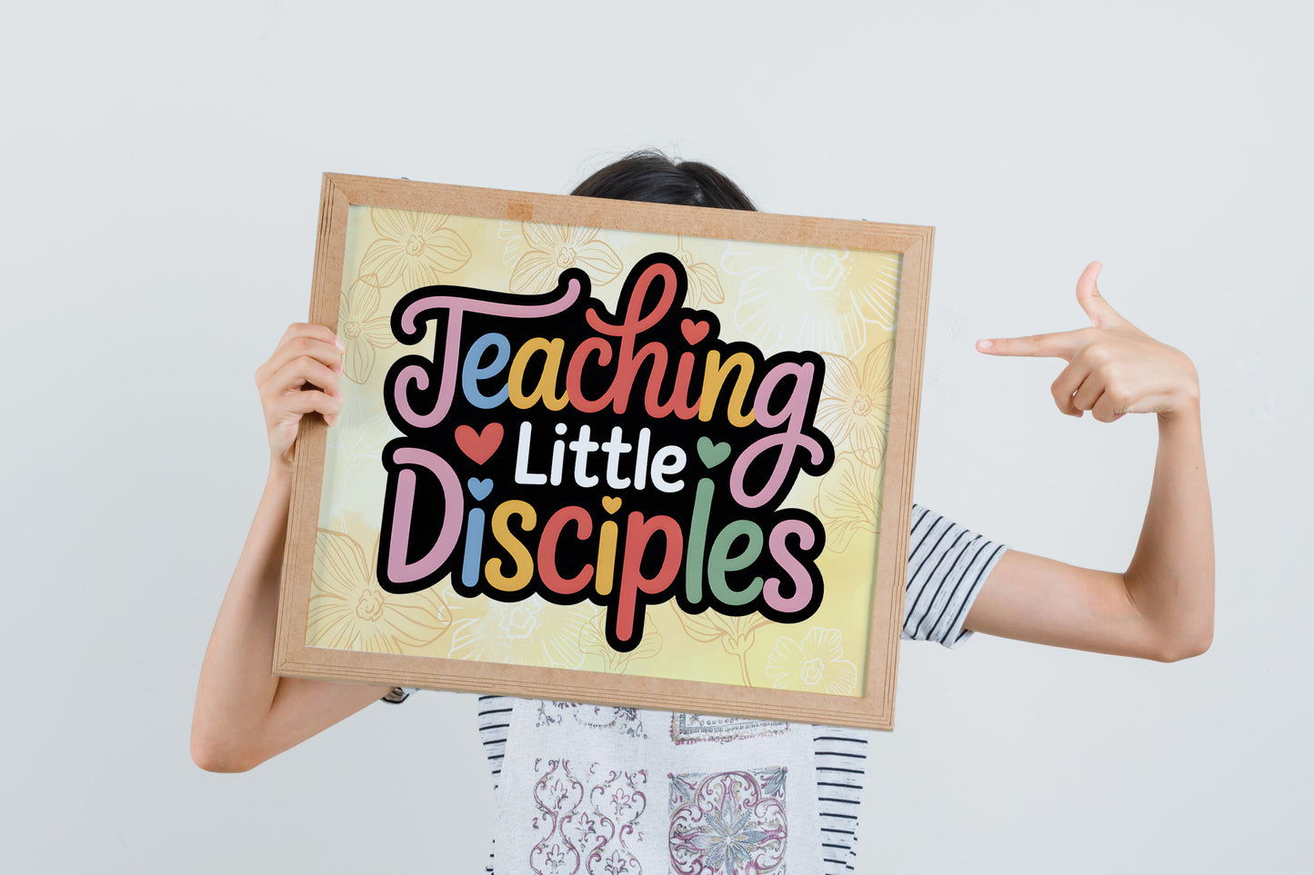 Teaching Little Disciples Christian Art - Faith-Based Teacher Wall art for Sunday School or Christian Educators, Rainbow Heart Design