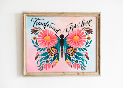 Transformed by God's Love Christian Art - Butterfly Faith Wall art with Floral Design, Inspirational Scripture-Themed Art