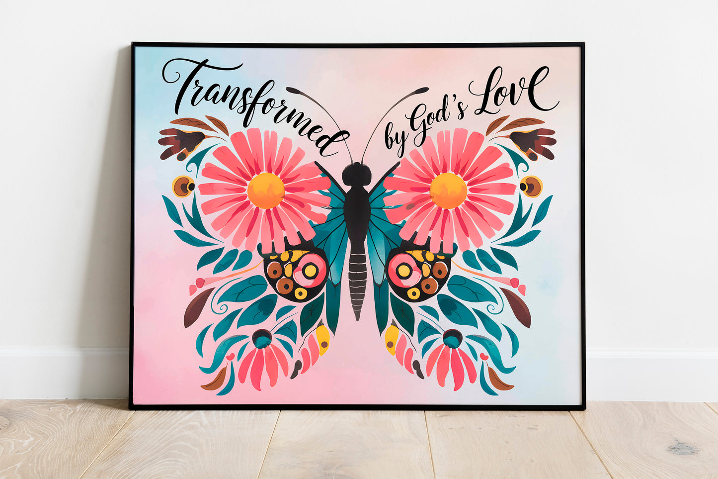 Transformed by God's Love Christian Art - Butterfly Faith Wall art with Floral Design, Inspirational Scripture-Themed Art