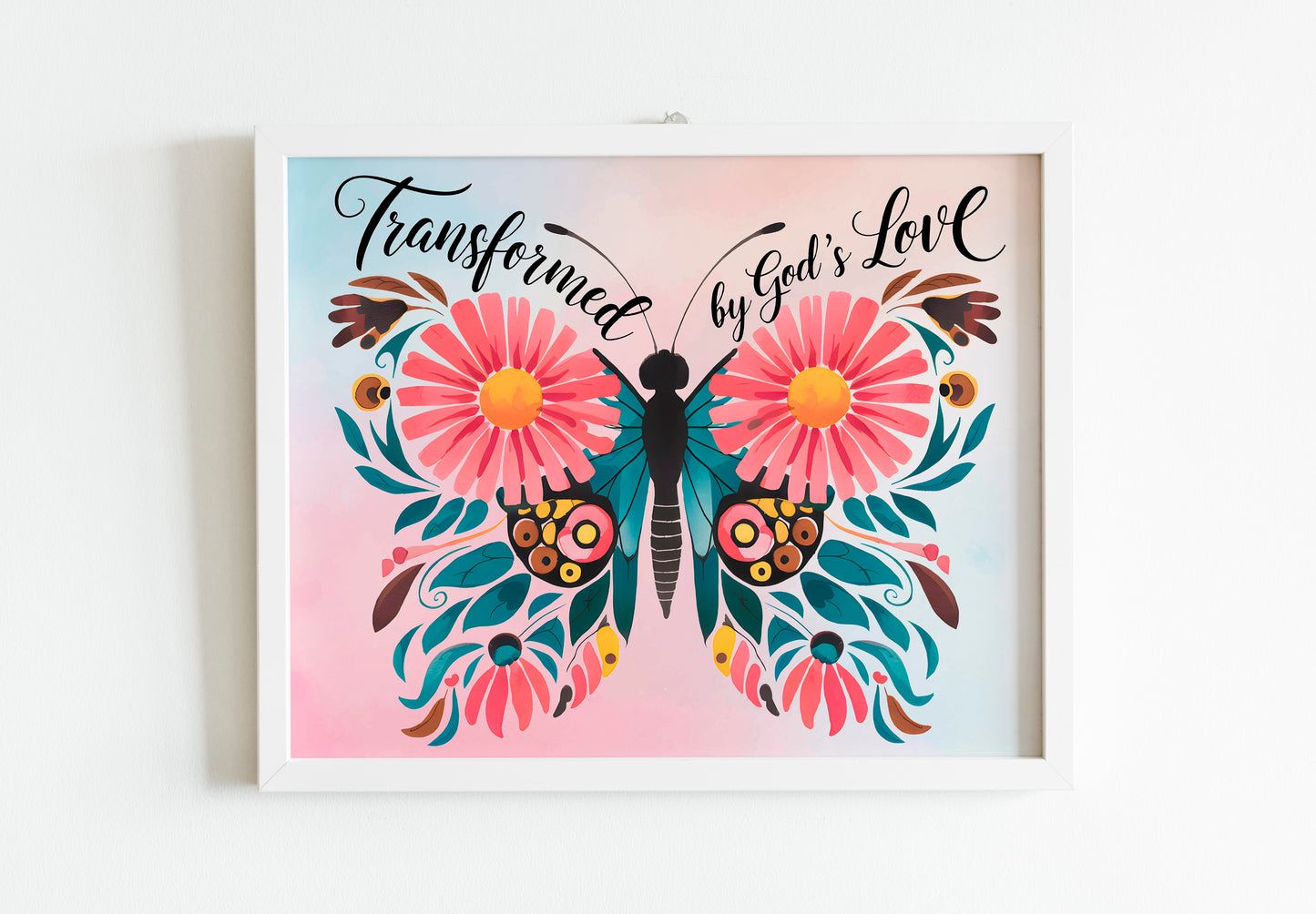 Transformed by God's Love Christian Art - Butterfly Faith Wall art with Floral Design, Inspirational Scripture-Themed Art