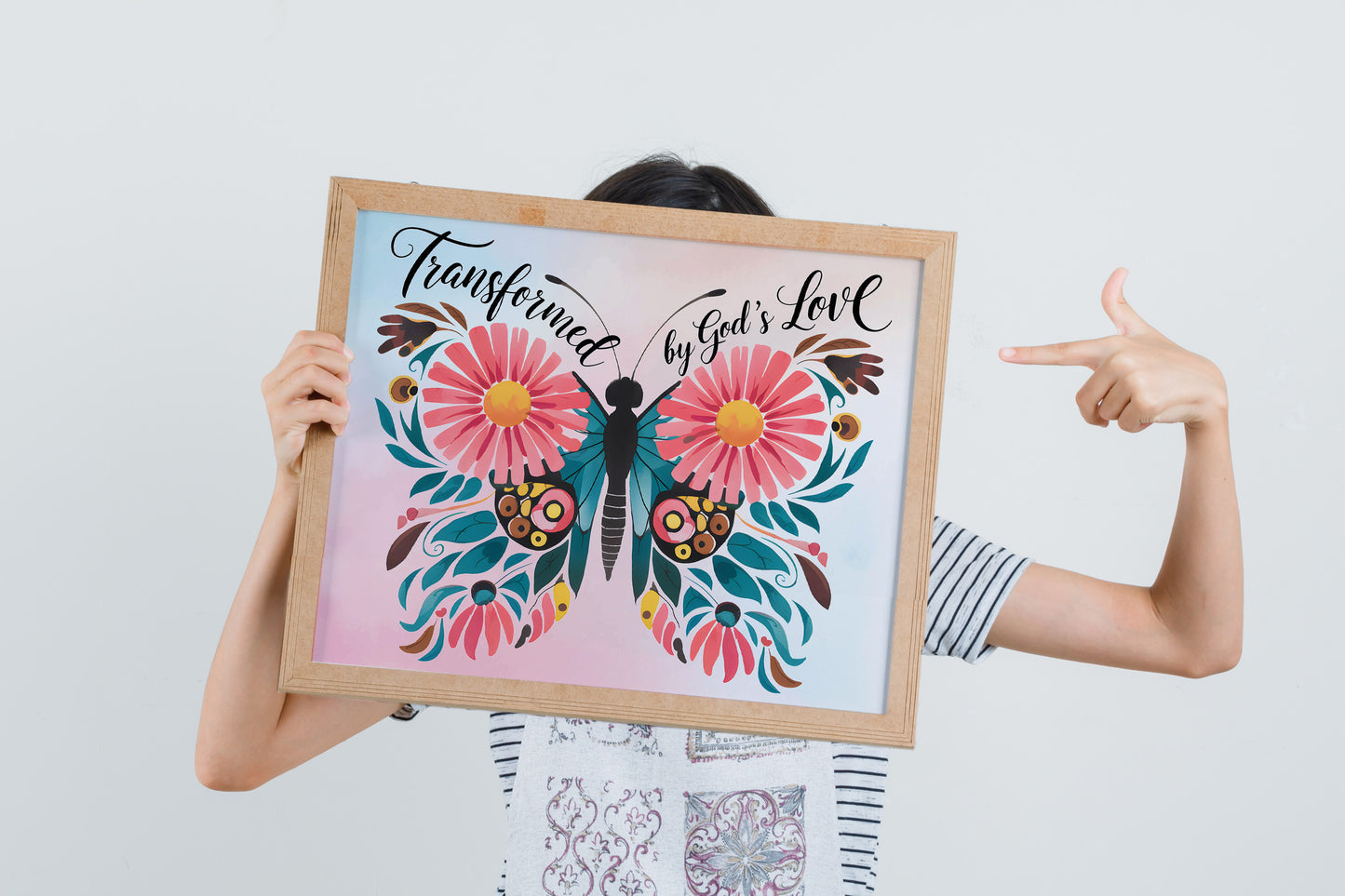 Transformed by God's Love Christian Art - Butterfly Faith Wall art with Floral Design, Inspirational Scripture-Themed Art