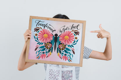 Transformed by God's Love Christian Art - Butterfly Faith Wall art with Floral Design, Inspirational Scripture-Themed Art