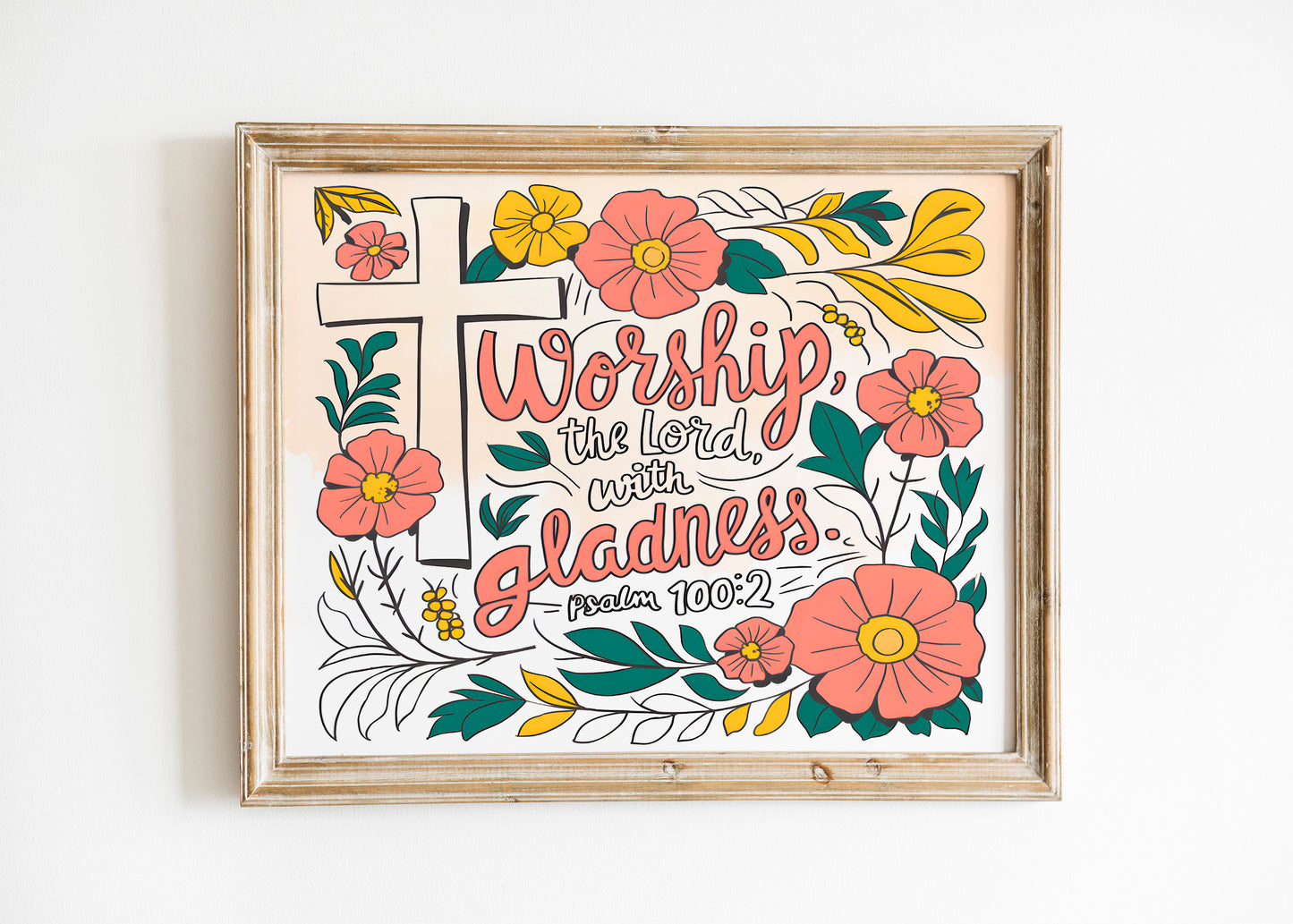 Worship the Lord with Gladness Christian Art - Psalm 100:2 Faith Wall art with Floral Cross, Praise and Worship Art for Women