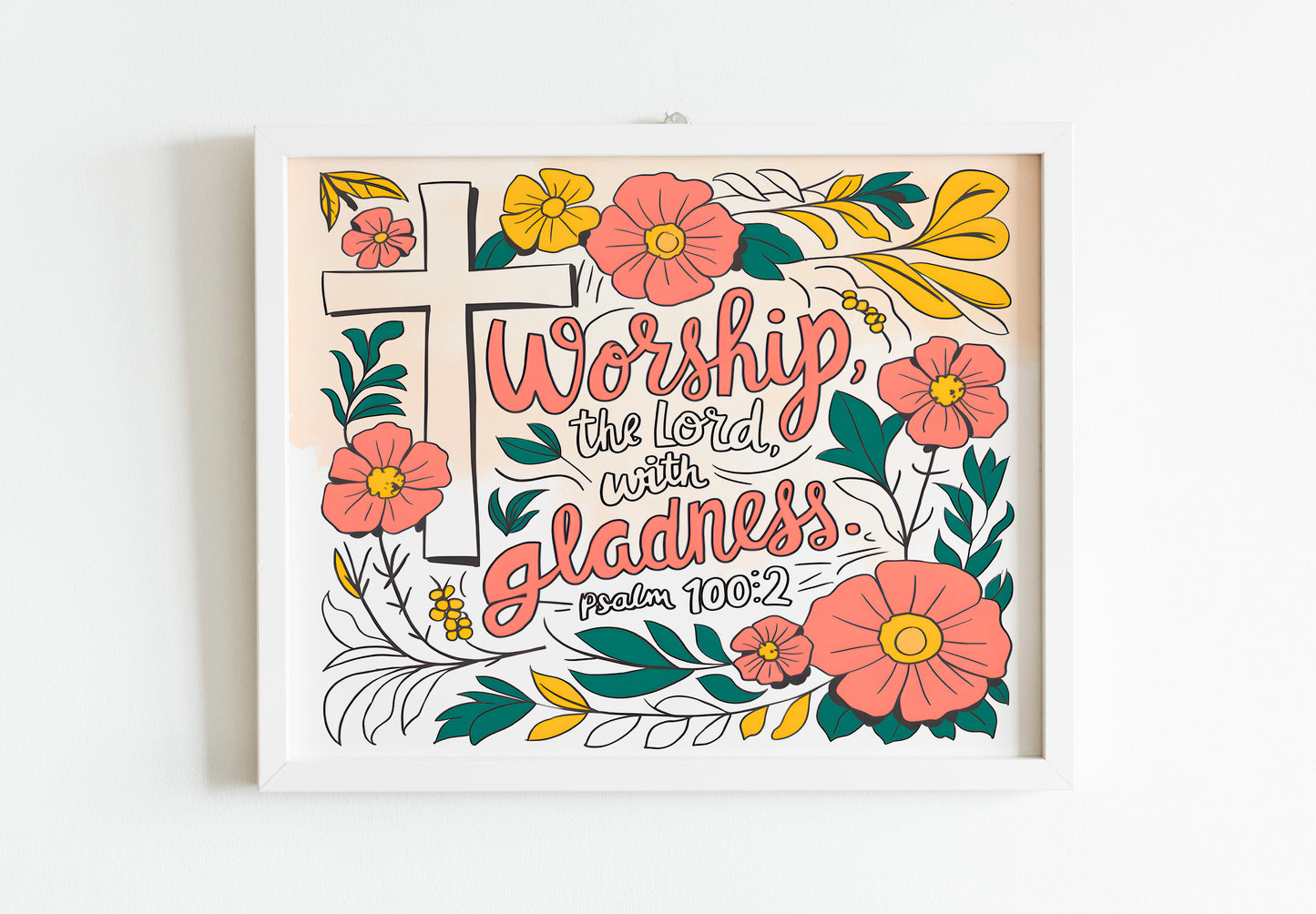Worship the Lord with Gladness Christian Art - Psalm 100:2 Faith Wall art with Floral Cross, Praise and Worship Art for Women