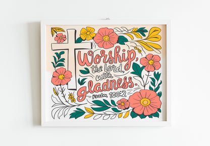 Worship the Lord with Gladness Christian Art - Psalm 100:2 Faith Wall art with Floral Cross, Praise and Worship Art for Women