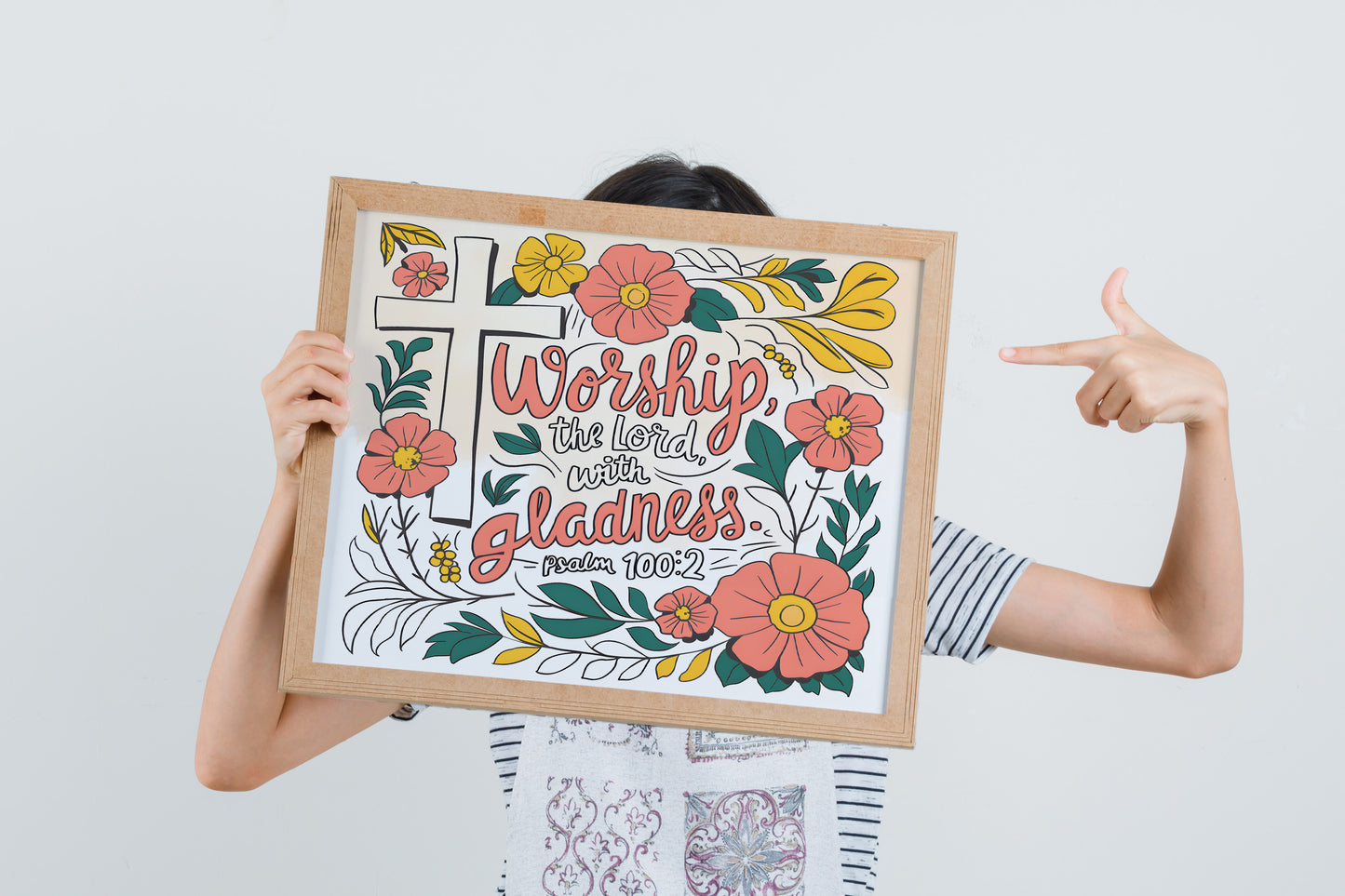 Worship the Lord with Gladness Christian Art - Psalm 100:2 Faith Wall art with Floral Cross, Praise and Worship Art for Women