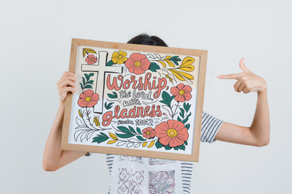 Worship the Lord with Gladness Christian Art - Psalm 100:2 Faith Wall art with Floral Cross, Praise and Worship Art for Women