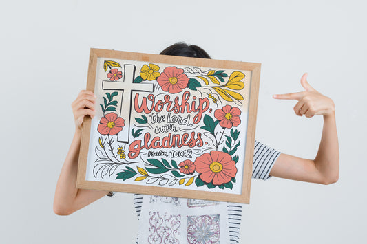 Worship the Lord with Gladness Christian Art - Psalm 100:2 Faith Wall art with Floral Cross, Praise and Worship Art for Women