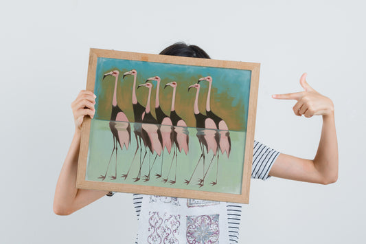 Japanese Flamingo Bird Art, Vintage Traditional and Abstract Styles, Blue Background Statement Wall Print