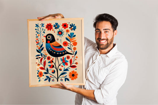 Scandinavian Folk Art Prints, Set of 2 Nordic Bird and Floral Posters, Bedroom or Cafe Wall Decor