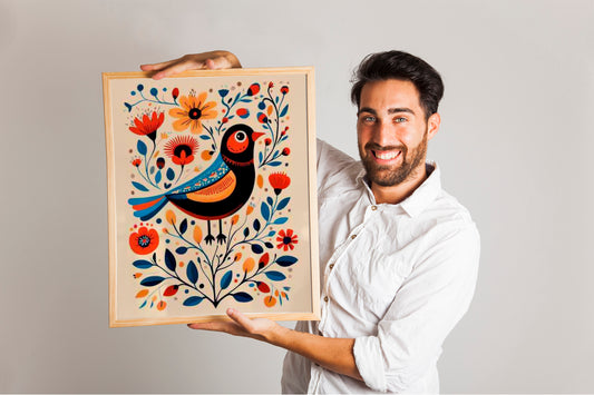 Scandinavian Folk Art Prints, Set of 2 Nordic Bird and Floral Posters, Bedroom or Cafe Wall Decor.