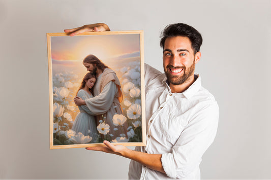 Jesus Hugging Girl Art, Christian Painting, His Love LDS Art, Bible Quote Prints, Woman with Jesus Wall Art