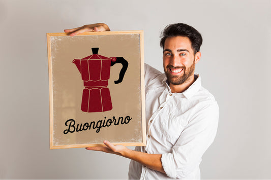 Handdrawn Moka Pot Wall Art, Joyful Coffee Maker Print, Espresso Lover's Poster, Printable Blue Kitchen Decor for Coffee Enthusiasts