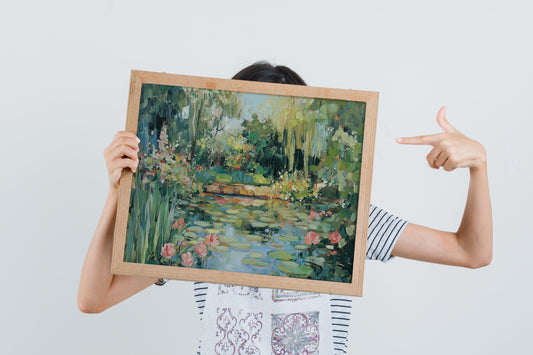 Vintage Pond Painting Print, Sage Green Abstract Botanical Landscape Art for Rustic Wall Decor
