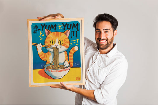 Japanese Cat Ramen Poster, Retro Kitchen Art, Vintage Noodle Decor, Quirky Wall Art for Cat Lovers.