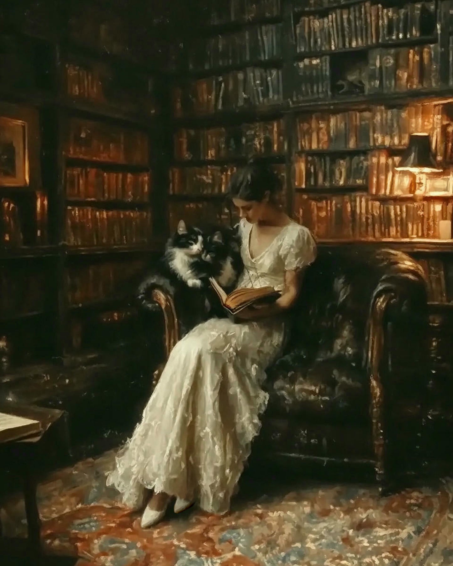 Cats in Library Moody Aesthetic Printable, Antique Style Home Decor for Book Lovers
