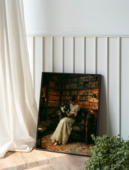 Cats in Library Moody Aesthetic Printable, Antique Style Home Decor for Book Lovers
