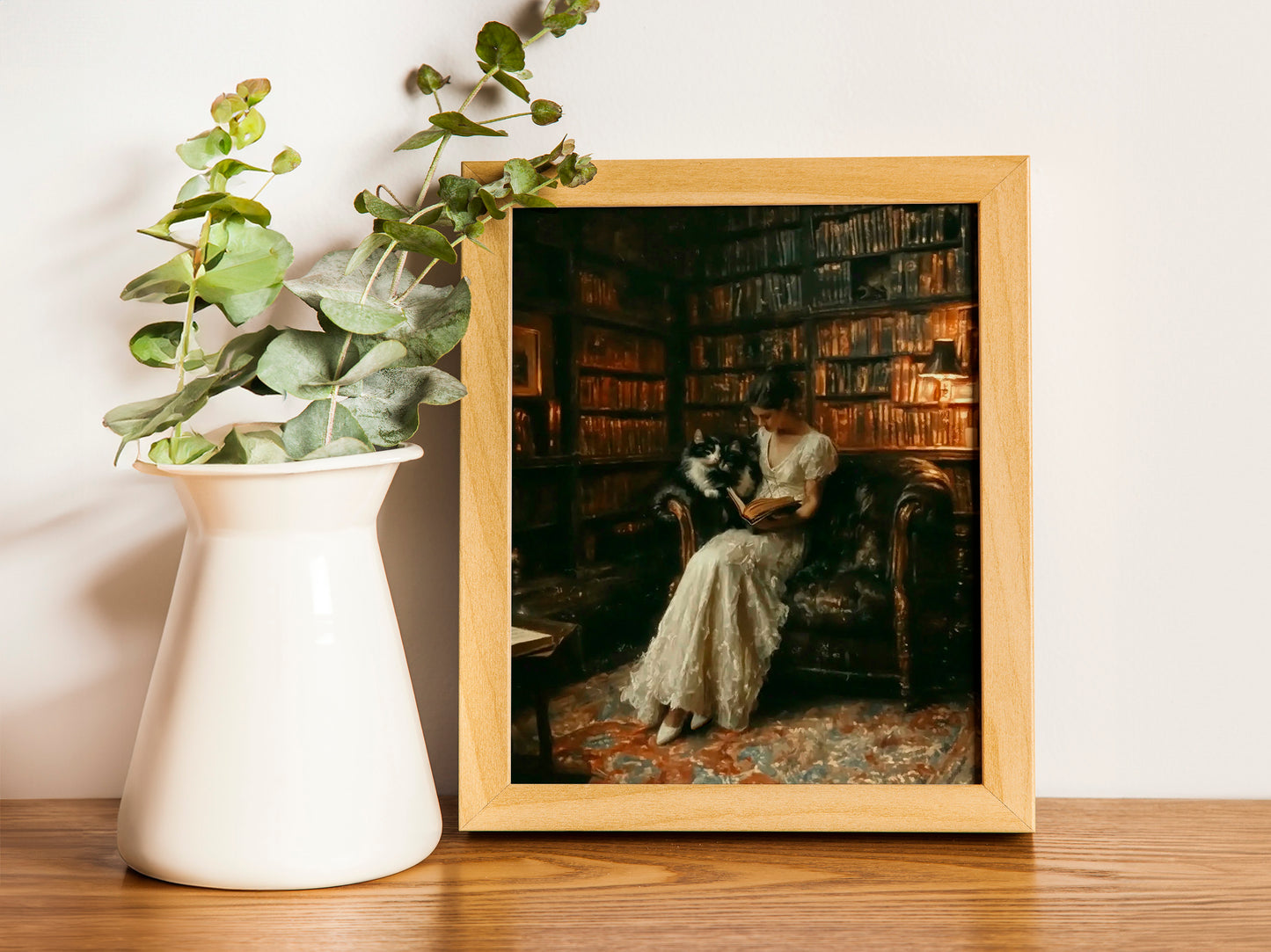 Cats in Library Moody Aesthetic Printable, Antique Style Home Decor for Book Lovers