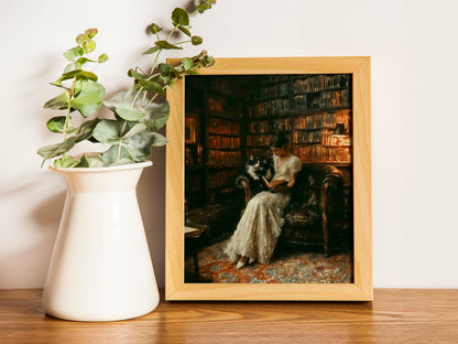 Cats in Library Moody Aesthetic Printable, Antique Style Home Decor for Book Lovers