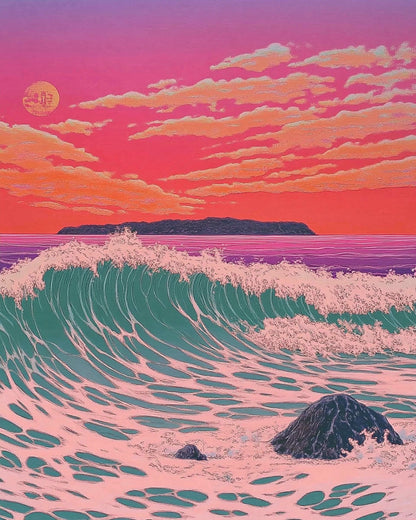 Japandi Decor, Ocean Poster Japanese Poster, Woodblock Art, Kawase Hasui Illustration, Sunset Wall Art