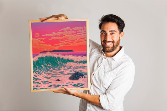 Japandi Decor, Ocean Poster Japanese Poster, Woodblock Art, Kawase Hasui Illustration, Sunset Wall Art
