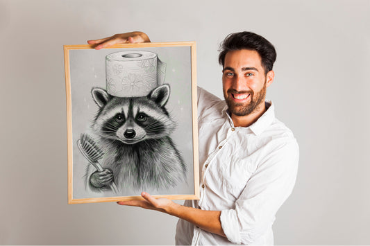 Funny Raccoon Bathroom Prints – Sketch painting Wall Art, bathroom art, bathroom wall decor.