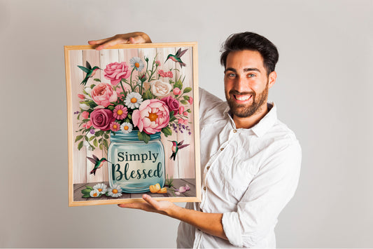 Simply Blessed Flower Vase Wall Art with Cute Birds, Cheerful Home Decor, NatureInspired Artwork, Uplifting Room Decor, Inspirational Gift Idea