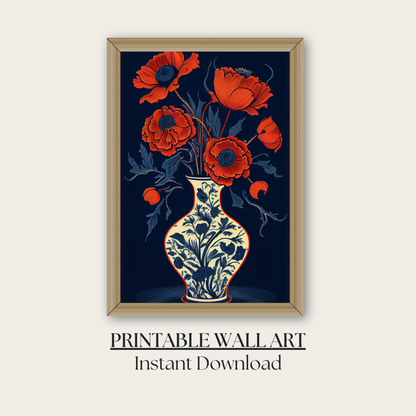 Printable Chinoiserie Wall Art, Poppy Wall Art, Chinoiserie Poppy Art, Digital Download Wall Art, Printable Home Decor, Elegant Wall Art
