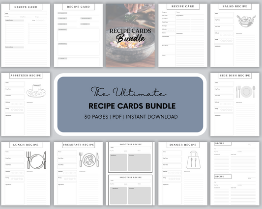 Recipe Cards Bundle Planner - Eco-Friendly Recipe Organizer - Recipe Card Designs planner -  Meal Planning Pages - Grocery List Templates