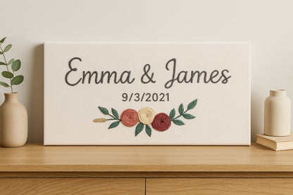 Custom Couple Name Sign Wedding Date Canvas with Floral Design