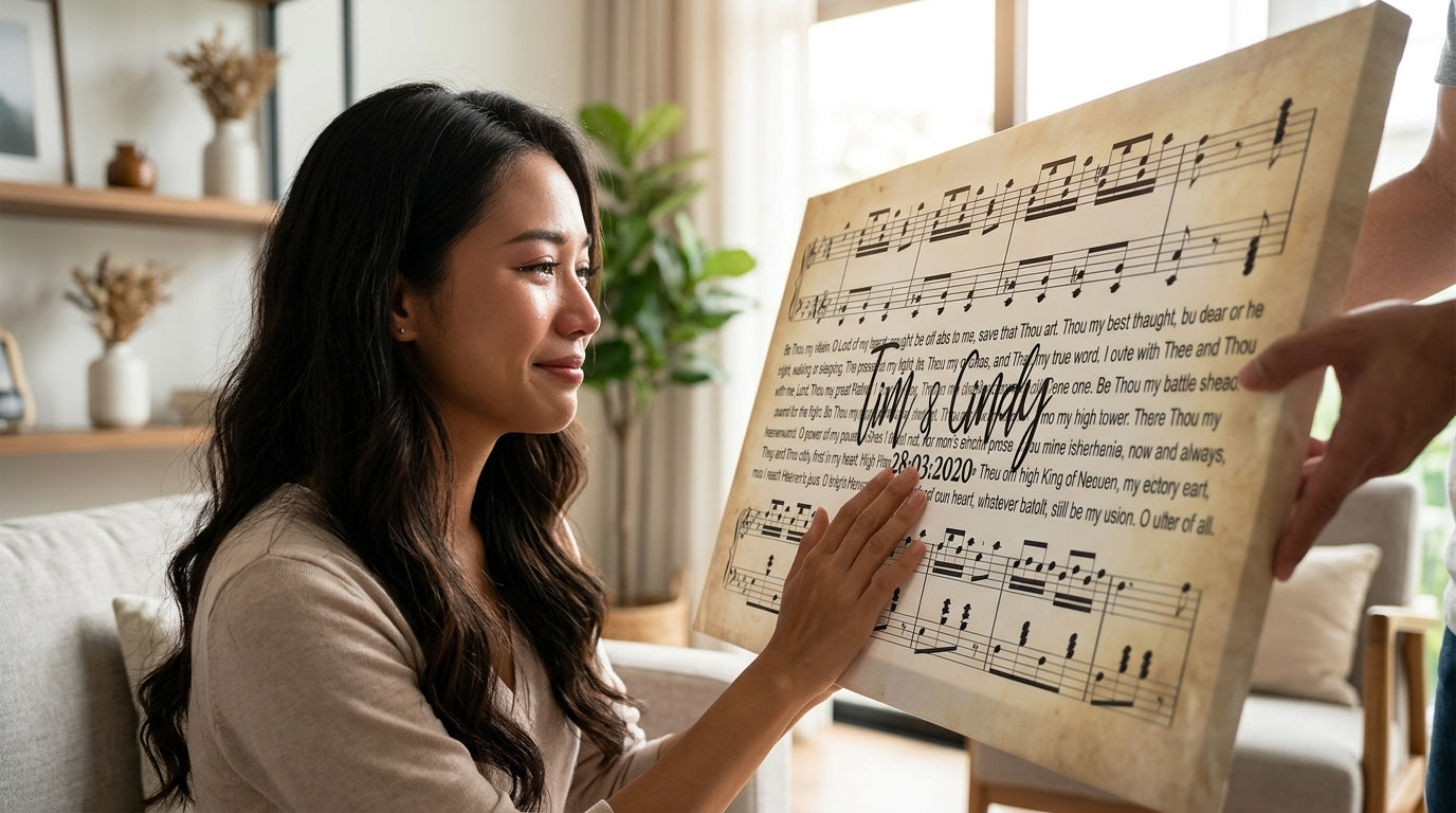 Wide horizontal vintage personalized song lyrics canvas on console table