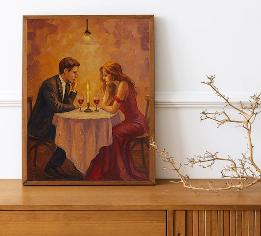 Romantic candlelight dinner art couple in love painting elegant date night decor anniversary gift
