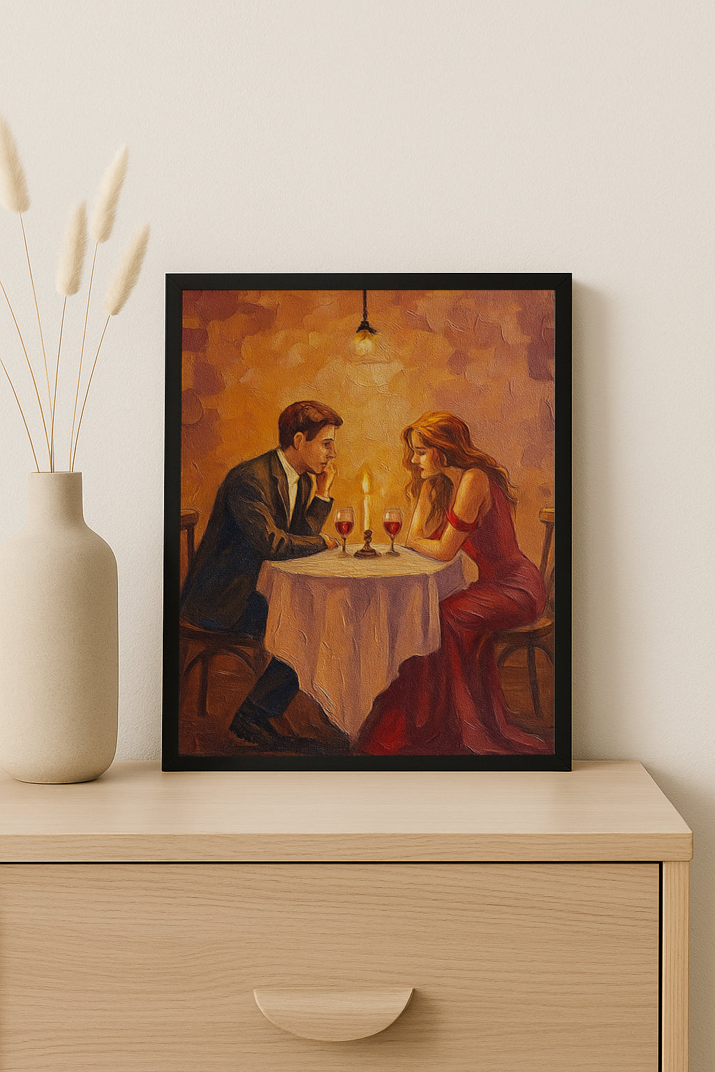 Romantic Candlelight Dinner Art Couple in Love Painting Elegant Date Night Wall Decor Anniversary Gift