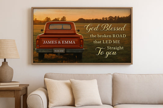 Personalized Vintage Truck Couple Sign “God Blessed the Broken Road” Wall Art Custom Name & Date Farmhouse Decor Custom Red Truck Print