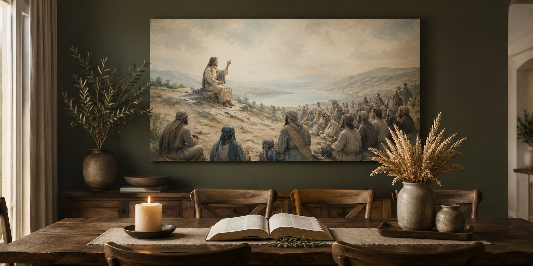 Beatitudes Sermon on the Mount Modern Neutral Christian Canvas Matthew 5 Staged Wall Art