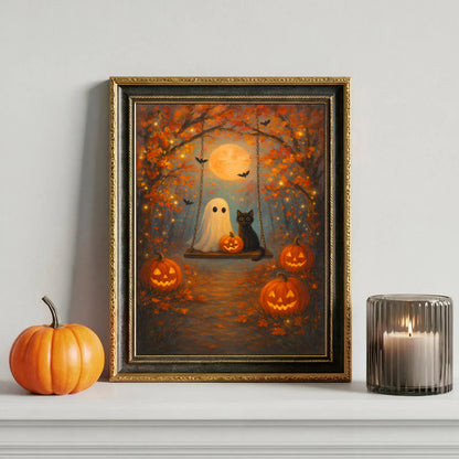 Cute Ghost and Black Cat Halloween Wall Art Spooky Pumpkin Cozy Fall Decor Autumn Night Artwork Witchy Home Decoration