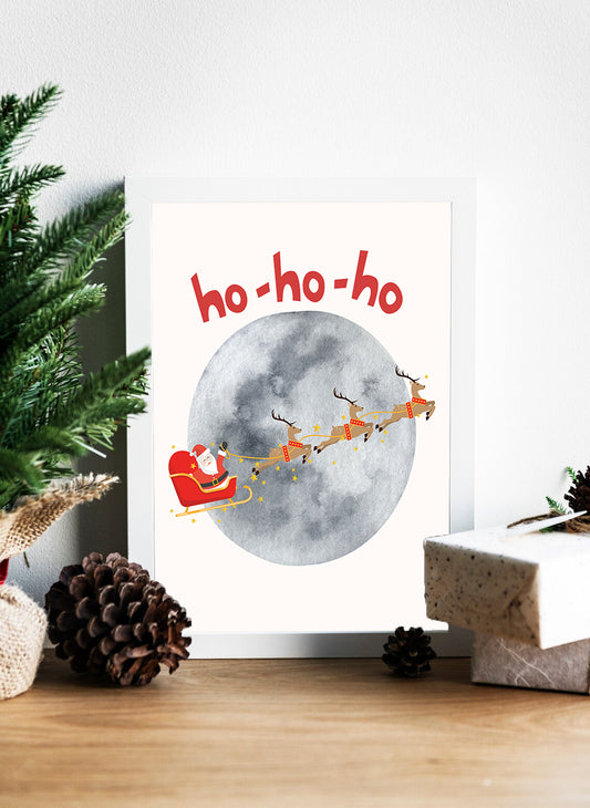Ho-Ho-Ho and Off We Go Santa’s Magical Moonlit Ride Canvas - A Moonlit Flight Santa’s Journey Through the Night Canvas - Christmas Eve Glow Santa and Reindeer Under a Full Moon Canvas