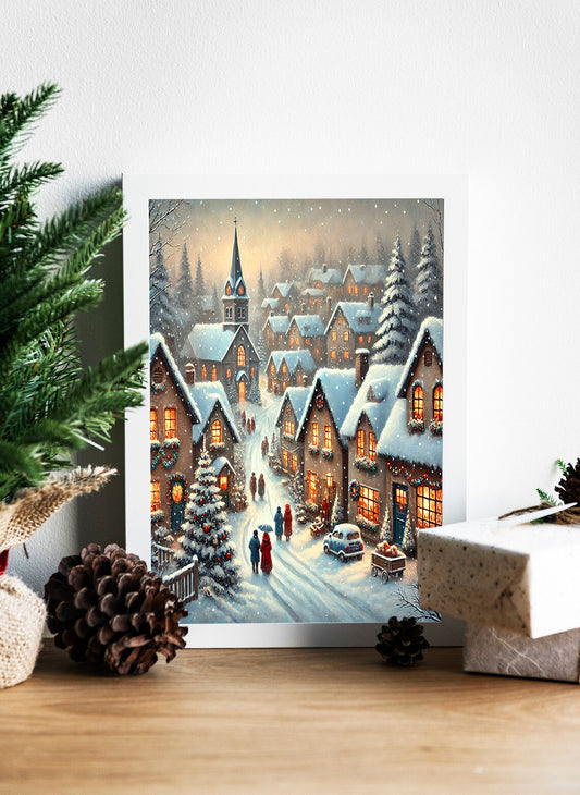 Snowy Winter Village Christmas Scene Canvas - Cozy Christmas Village Street View - A Peaceful Winter Village Under the Snow Canvas - Christmas Eve in a Snowy Town Canvas