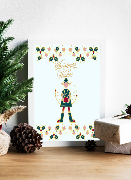 Christmas Wishes Canvas - Festive Elf and Holly Design - Charming Christmas Print - 'Christmas Wishes' Theme Canvas - Merry Elf Christmas Canvas - Perfect Seasonal Gift