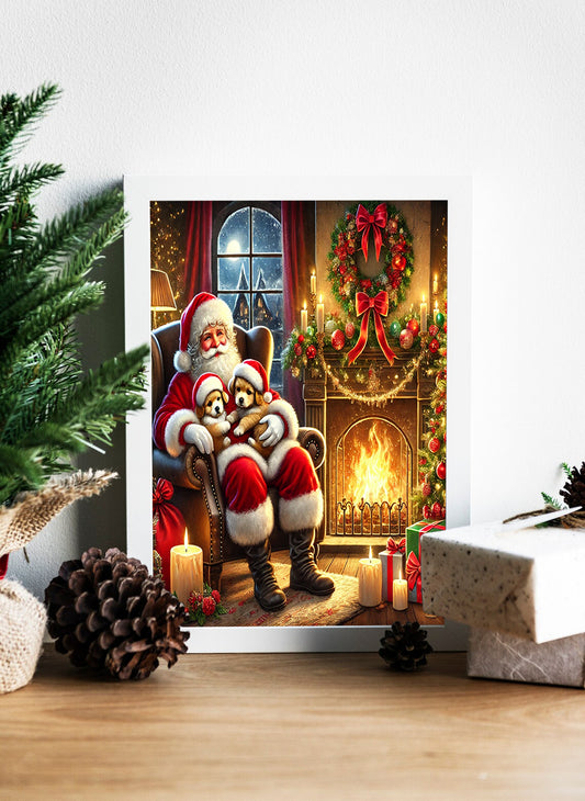 Santa's Cozy Christmas - Festive Fireplace Canvas Art - Warm Holiday Moments - Santa with Puppies Christmas Canvas - Santa's Cozy Chair Canvas - Perfect Holiday Wall Decor