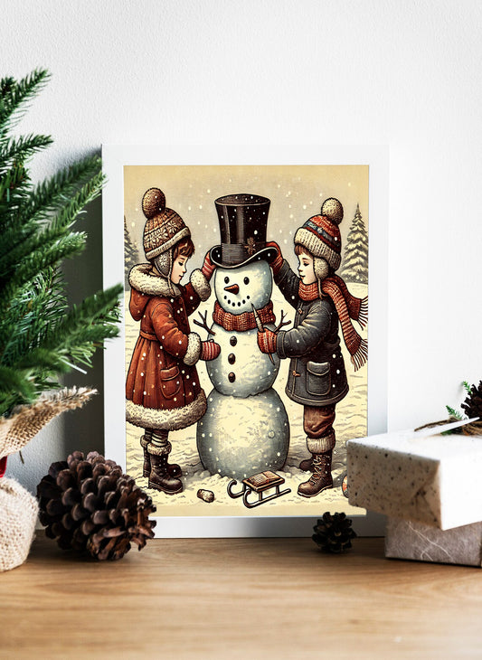 Building a Snowman Canvas - Vintage Winter Scene Wall Art - Winter Wonderland Art - Kids Building a Snowman Canvas - Retro Snowman Building Scene - Holiday Wall Print