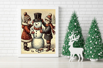 Building a Snowman Canvas - Vintage Winter Scene Wall Art - Winter Wonderland Art - Kids Building a Snowman Canvas - Retro Snowman Building Scene - Holiday Wall Print