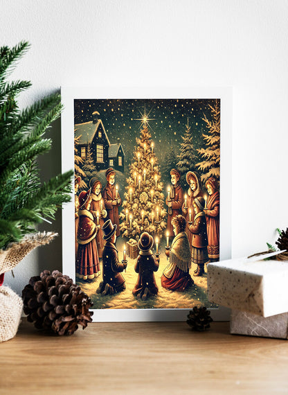Christmas Eve Candlelight Gathering - Vintage Holiday Canvas - Joyful Christmas Tree Lighting - Classic Winter Wall Art - Silent Night Christmas Canvas